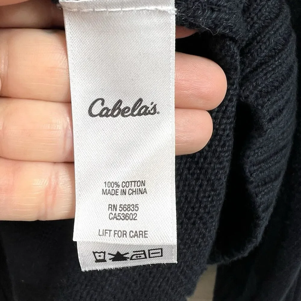 Cabelas Mens Black Chunky Knit Quarter Button Sweater Long Sleeve Size L Cotton